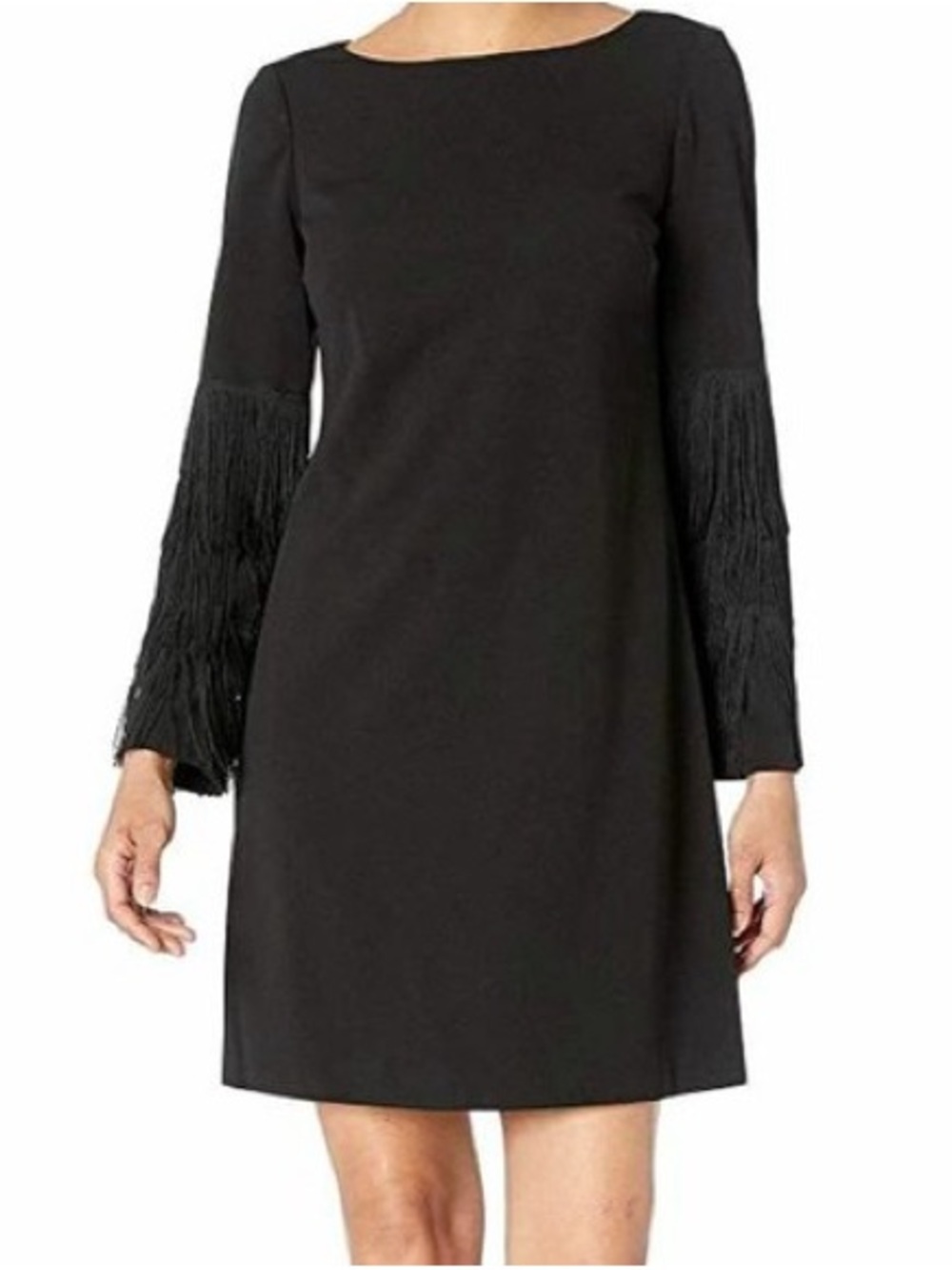 Black Fringe-Sleeve Midi Shift Dress